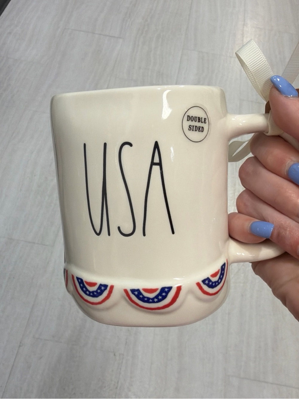 Rae Dunn Cream USA Mug with Red and Blue Bunting